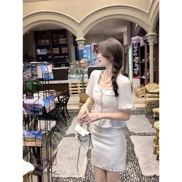 SET ÁO DẠ TAY PHỐI VOAN PEPLUM XOÈ NHẸ NÚT CỔ VIỀN REN + CHÂN VÁY XẺ