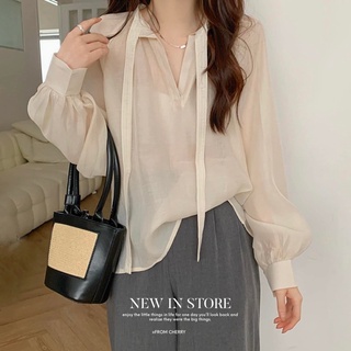 Áo sơ mi voan tơ buộc cổ tay phồng 72702 cherry coco
