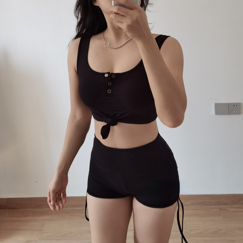 Quần short thể thao lưng cao phối túi và dây rút năng động