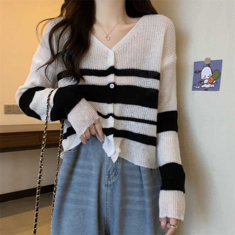 Áo cardigan SUXI dệt kim mỏng tay dài cổ chữ V dáng rộng họa tiết kẻ sọc phong cách cổ điển Hàn Quốc cho nữ