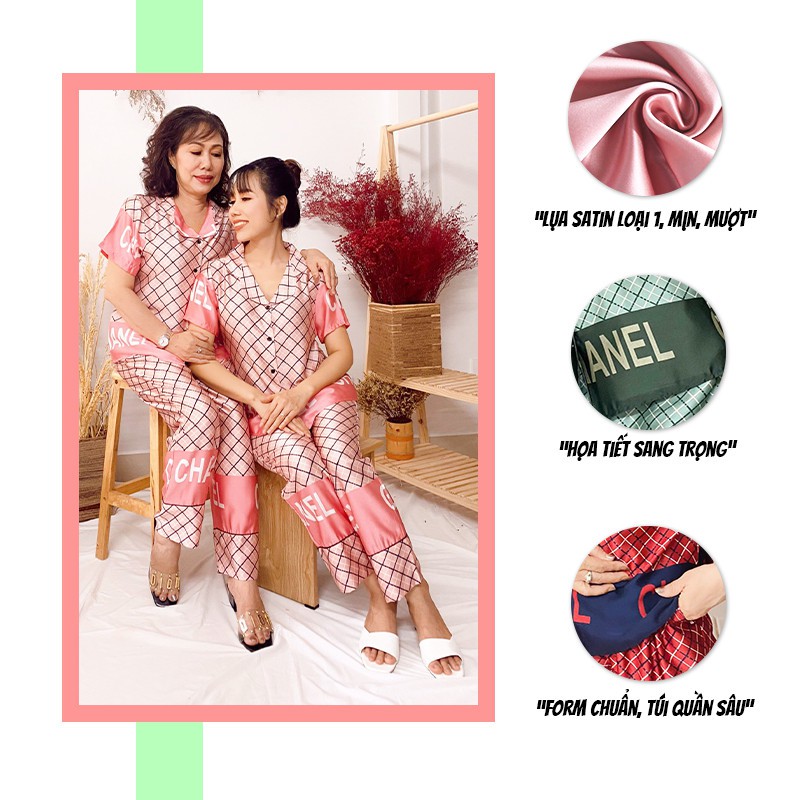 Đồ bộ mặc nhà SBORG bộ pijama lụa satin họa tiết sang trọng tay ngắn quần dài có túi sâu 50-65kg quà tặng mẹ và vợ