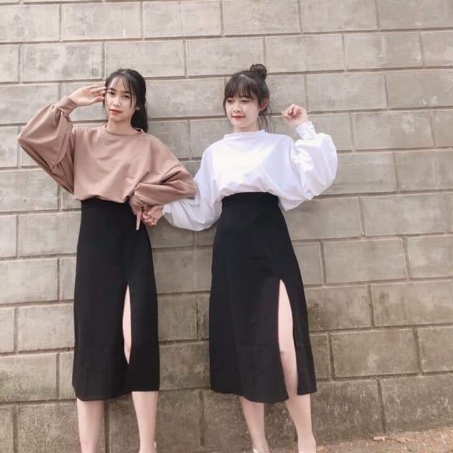 Sét áo Croptop tay to + chân váy tăm xẻ