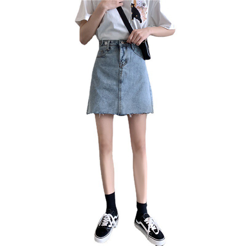 Chân váy jean ngắn váy bò demin cạp cao chữ A có cúc điều chỉnh A8