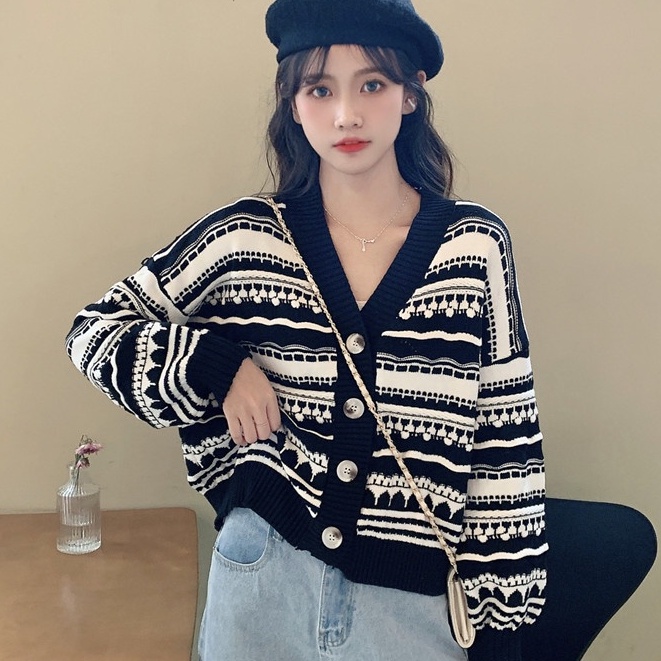 Áo Khoác Cardigan Cổ Chữ V Form Rộng Họa Tiết Kẻ Sọc Thời Trang Mùa Thu Phong Cách Hàn Quốc Mới Cho Nữ