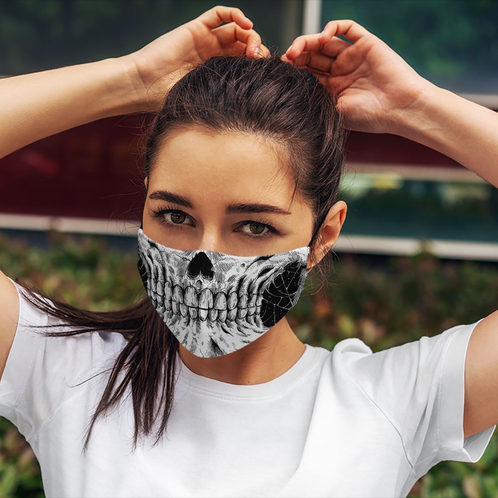 khẩu trang vải đen hàn quốc SKULLS_1284 CARTWELL poly cotton 100%,  chống bụi in họa tiết 3d thời trang
