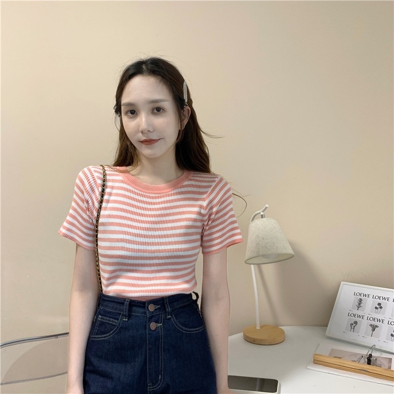 [Hana And Alice] Áo Thun Dệt Kim Vải Lụa Lạnh Dáng Ôm Họa Tiết Kẻ Sọc Thời Trang