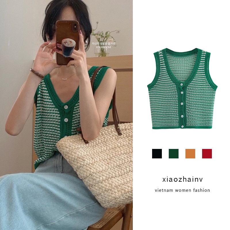 Áo kiểu XIAOZHAINV sát nách cổ chữ V dệt kim 4 màu sắc tùy chọn phong cách Hàn Quốc retro dành cho nữ