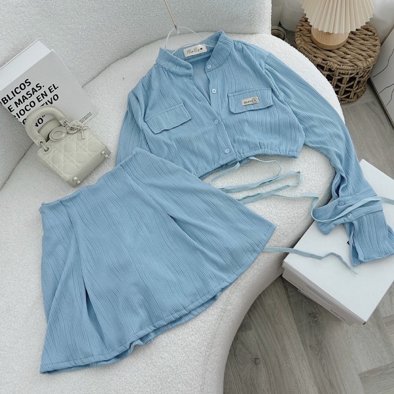 Sét Croptop Xanh Cột Dây Eo Mix Chân Váy 🦋FREESHIP🦋 Sét Siêu Xinhh