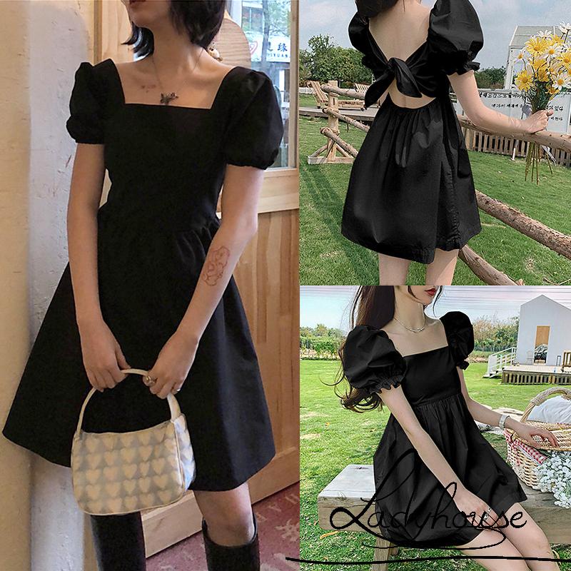 Đầm Tay Phồng Ngắn Cổ Vuông Thắt Nơ Hở Lưng Màu Trơn Cho Nữ