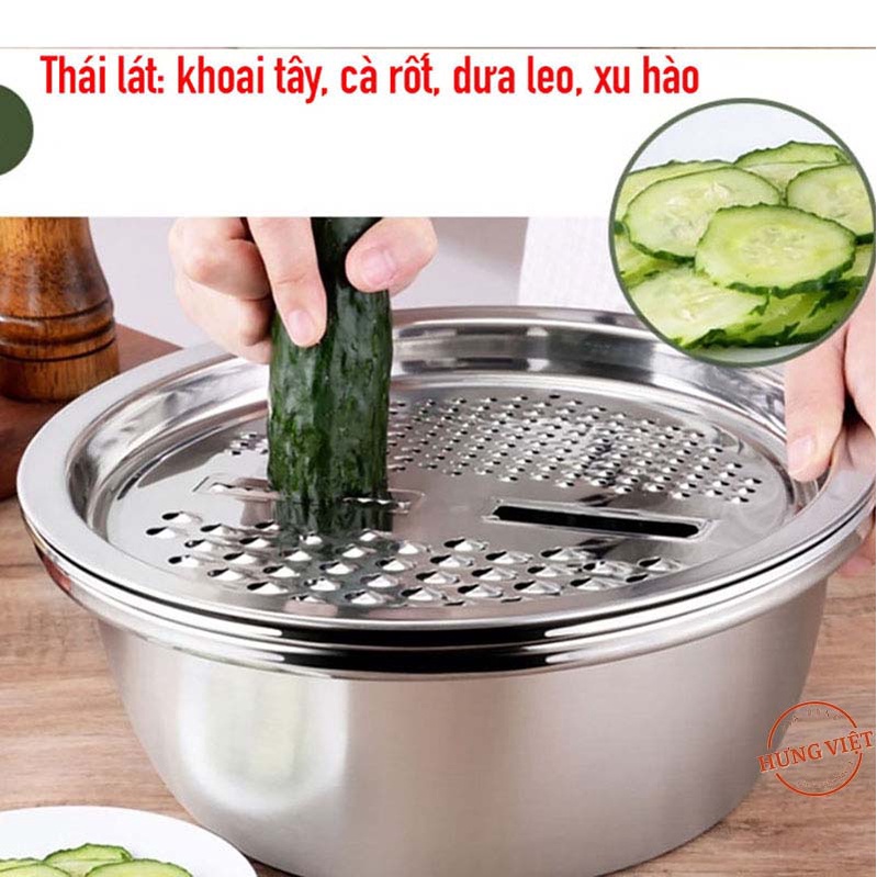 Bộ rổ và chậu inox kèm mâm nạo, bào và gọt vỏ rau, củ, quả 3 trong 1 (3 in 1, 3 chi tiết) đa năng, tiện dụng, tiết kiệm