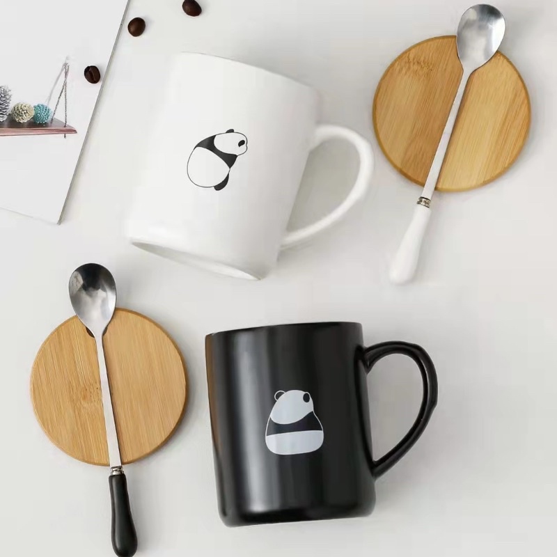 Cốc cafe sứ Hình gấu trúc Panda Đơn giản có Nắp Cốc trà Cốc uống nước tặng Thìa Coffee Cup Mug