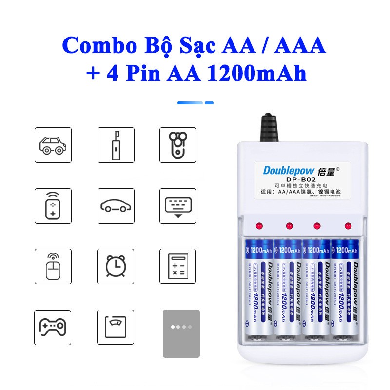 Bộ sạc pin AA/AAA DB02, Pin AA 1200mah Doublepow (hàng chính hãng) Pin Sạc Micro Không Dây