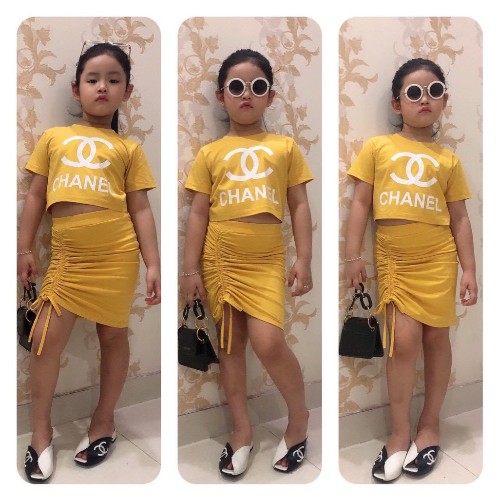 SIZE 1-12 (10-38KG) ĐẦM BÉ GÁI ÁO KIỂU CROPTOP + CHÂN VÁY RÚT DÂY THUN COTTON IN CHANNEL