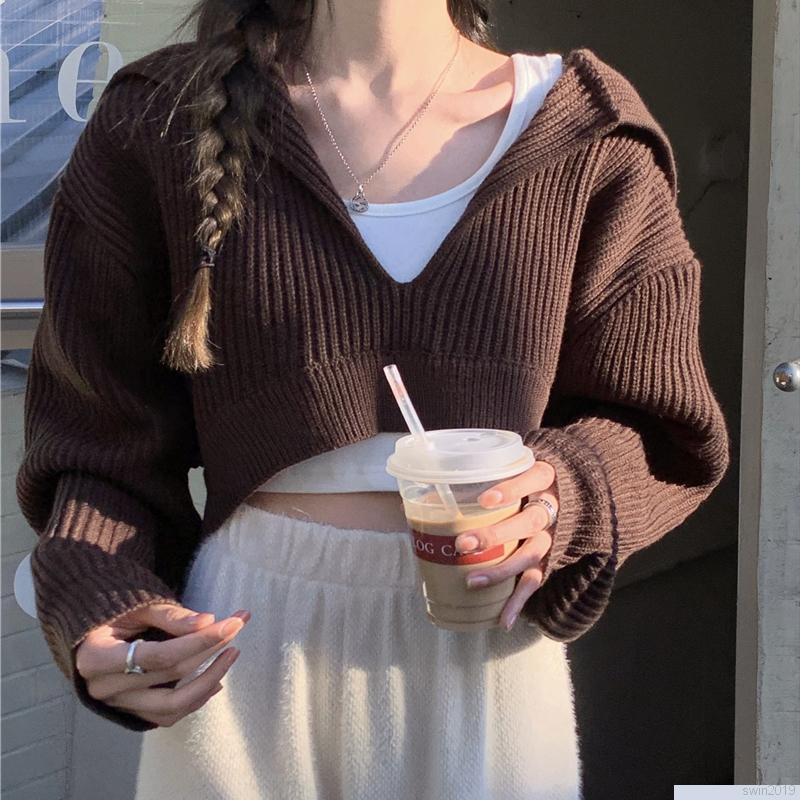 Áo Croptop dệt kim tay dài dáng rộng thoải mái phong cách thời trang