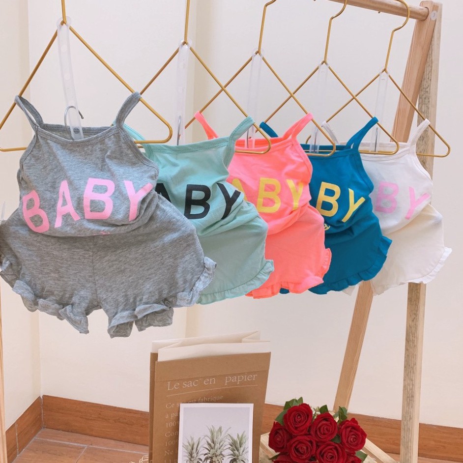 Bộ 2 Dây Cho Bé Gái 1-4 Tuổi Quần Đùi Bèo Nhún Mặc Hè In Chữ BABY