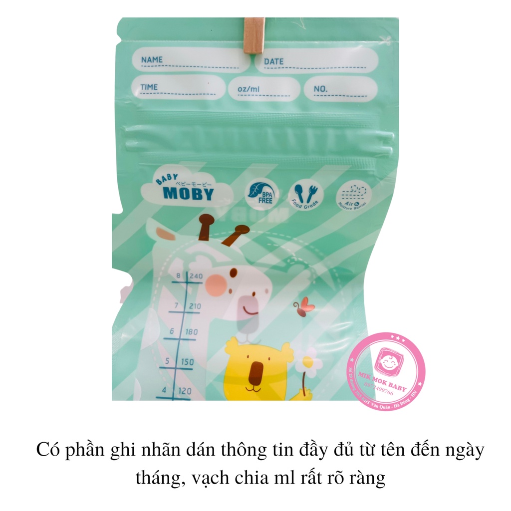 Túi Trữ Sữa Moby Chính Hãng, dung tích 150ml, 240ml và 3 lần khóa zip an toàn, tiện lợi, made in Thai Lan