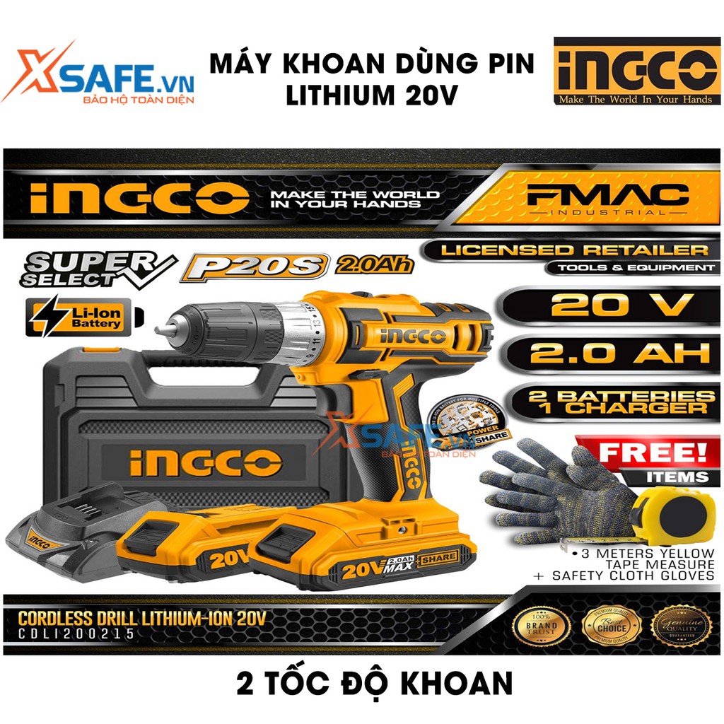 Máy khoan búa dùng Pin Lithium 20V INGCO CDLI200215 Kèm 2 pin 1 sạc, hai tốc độ 0-400/min và 0-1500/min - chính hãng