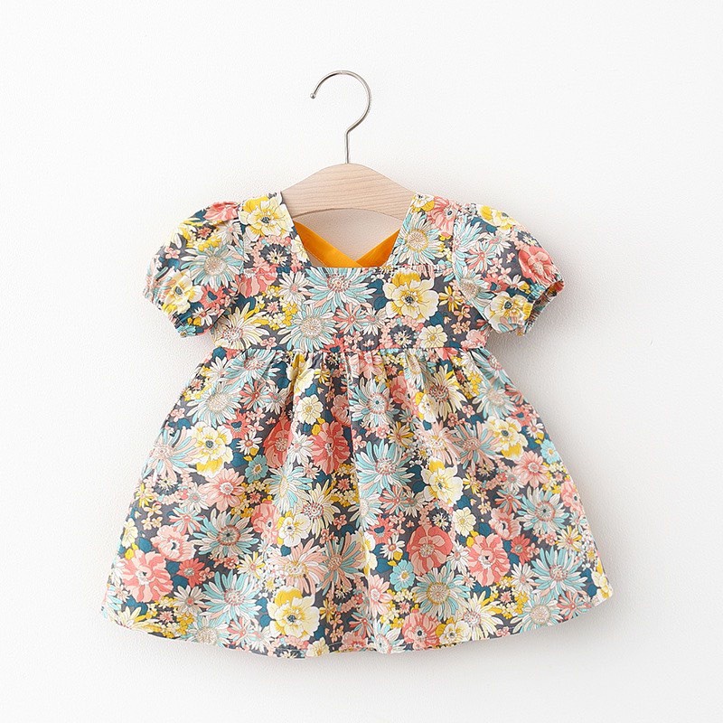 Váy bé gái thô hoa dây nơ sau lưng tay bồng cho bé 1-5 tuổi