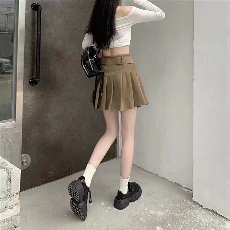 Chân váy đai xếp ly xoè nhung tăm phong cách retro 6 màu đen/ nâu /rêu/ be/ hồng trắng