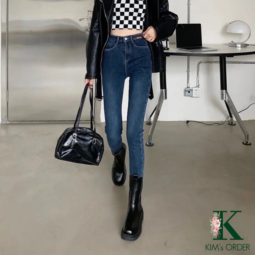 Quần jean nữ màu xanh đen skinny ống côn dài cạp lưng cao tôn dáng chất co dãn loại 1 style Hàn Quốc cá tính sành điệu