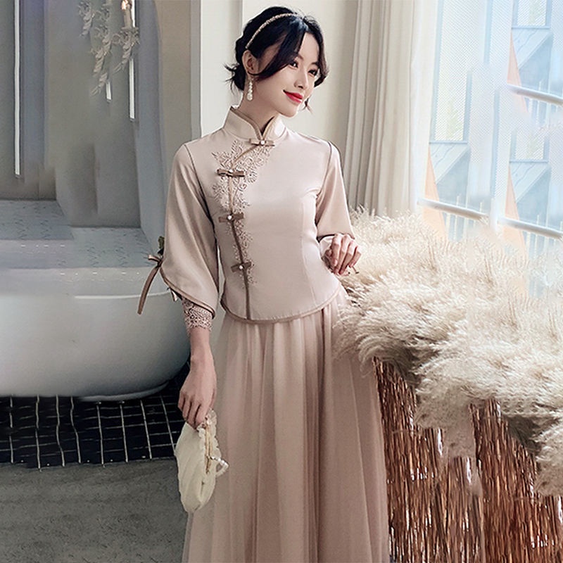 Đầm phù dâu dáng dài kiểu Trung Hoa thanh lịch sành điệu
