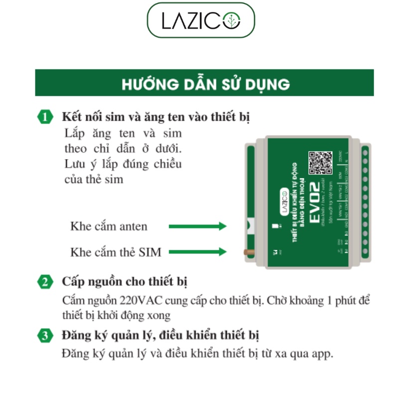 Thiết bị điều khiển từ xa máy 1 máy bơm 220V và 2 van điện từ qua điện thoại LAZICO EV02