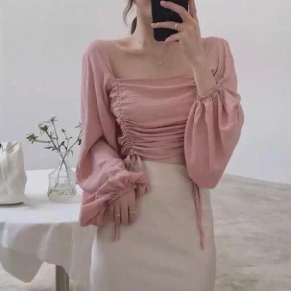 ÁO CROPTOP CỔ VUÔNG TAY DÀI BỒNG PHỐI DÂY RÚT - ÁO TRỄ VAI CROPTOP RÚT DÂY XANH VÀNG HỒNG ĐEN TRẮNG