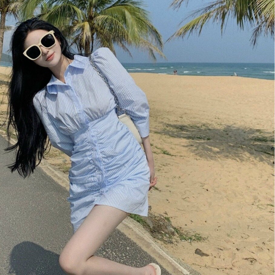 ĐẦM SƠ MI SỌC XANH TAY LỠ 🦋FREESHIP🦋 Váy Sơ Mi Kẻ Sọc Linh Trần Store