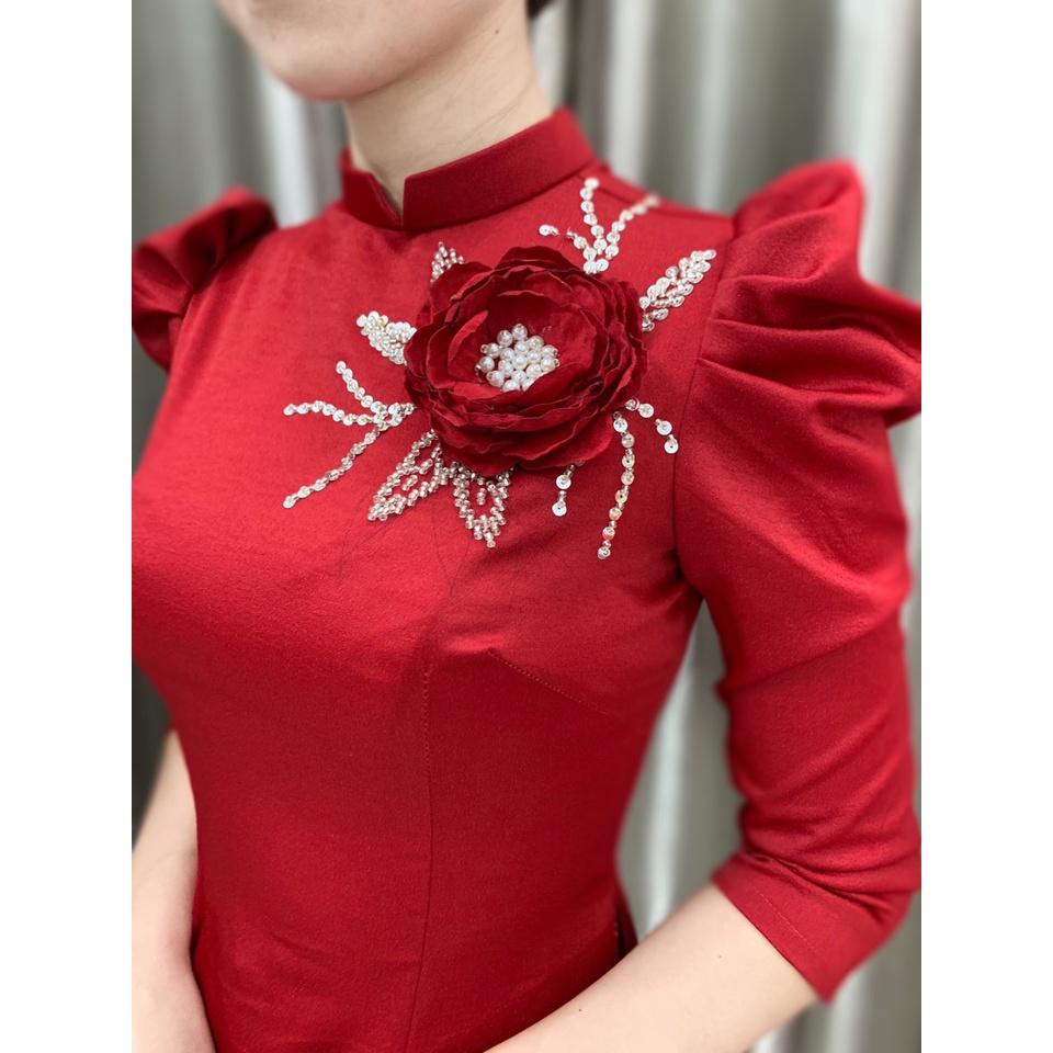 Áo dài tây thi hoa nổi cao cấp_tông màu đỏ sang chảnh