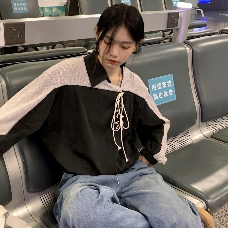 Áo Sweater chui đầu tay dài cổ bẻ phối ren thiết kế lệch tà kiểu Hàn Quốc mới cho nữ