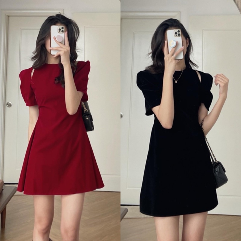 ĐẦM NHUNG PINE DRESS thiết kế form A tiểu thư cách điệu tone màu basic diện lễ và tết