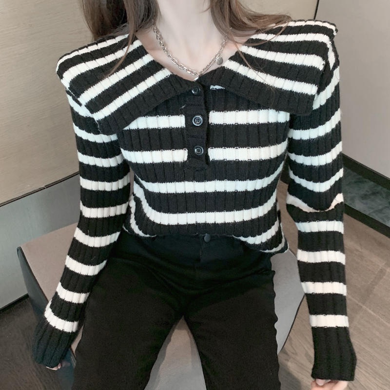 Áo sweater IELGY dệt kim họa tiết kẻ sọc cổ chữ V ôm dáng phong cách phương Tây cho nữ
