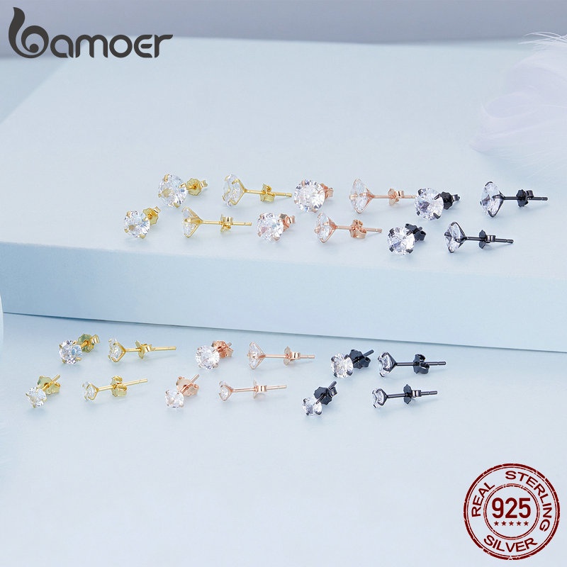 Set 2 bông tai BAMOER bạc 925 đính đá zircon phong cách đơn giản thời trang cho nữ