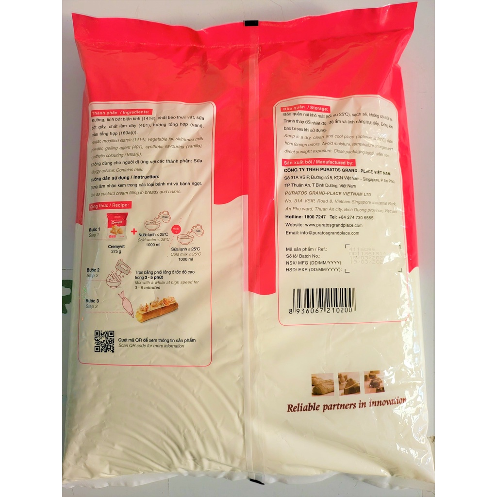 [TÚI LỚN 5Kg – CREMYVIT ] BỘT TRỘN NHÂN KEM SU [VN] PURATOS Custard Cream Mixes