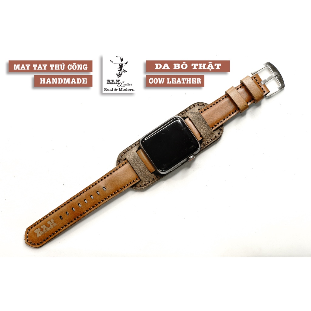 Combo Dây đồng hồ RAM Leather vintage B1 1980 da bò nâu đỏ kiểu quân đội