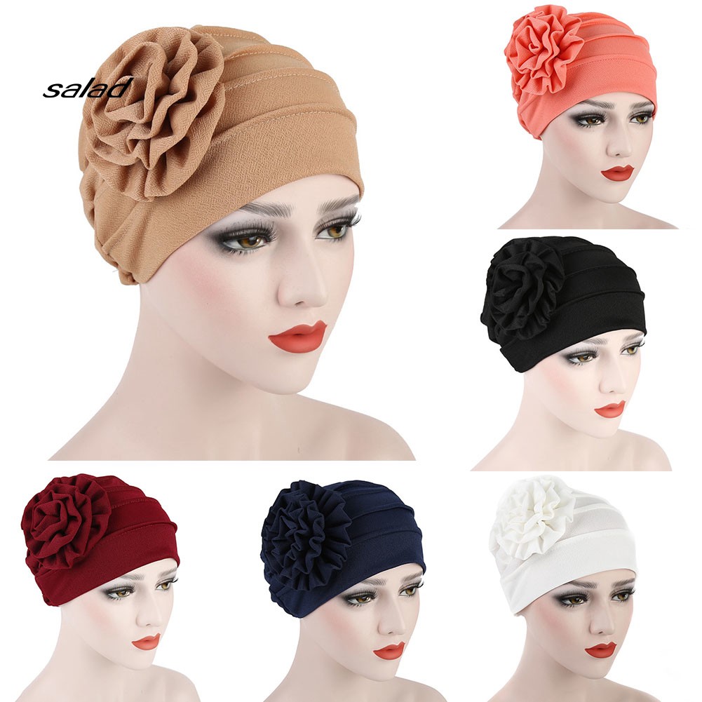 Mũ Turban Trùm Đầu Co Giãn Màu Trơn Họa Tiết Hoa Phong Cách Hồi Giáo Cho Nữ