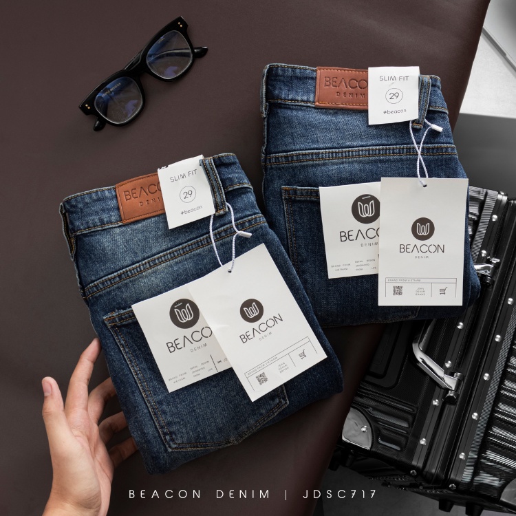 Quần Jean Dài Nam Siêu Cấp Xanh Đậm Rách Nhiều BEACON DENIM Form Slim Fit Năng Động JDSC717