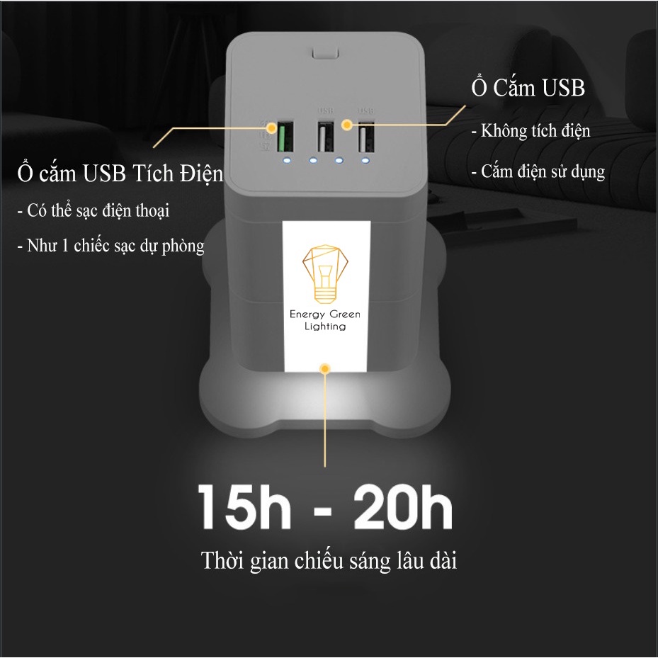 Ổ Cắm Điện Đứng Energy Green Lighting JZB-A2,3,4 - Tích Hợp Đèn Chiếu Sáng - 3 Mức Sáng - Pin Sạc Tích Điện