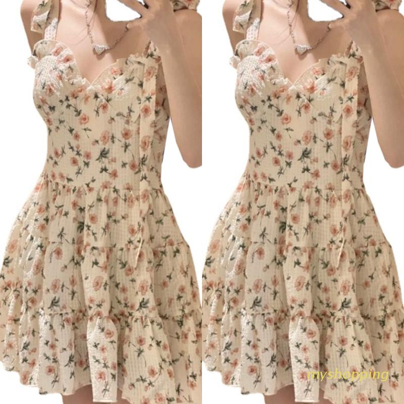 Đầm Xòe Chữ A Lưng Cao Phối Bèo In Họa Tiết Hoa Thắt Nơ Dành Cho Nữ