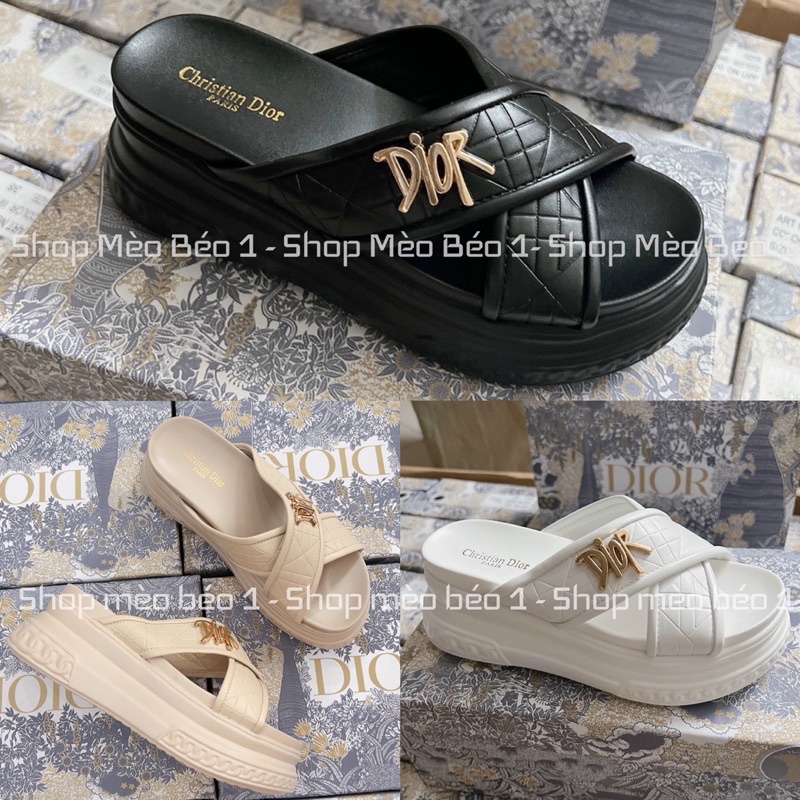 Dép cd quai chéo vân kẻ chìm đế cao fullbox