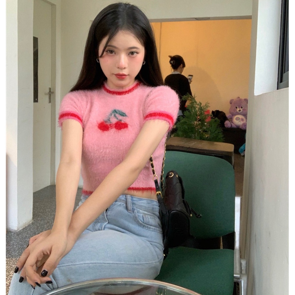 Áo Dệt Kim Tay Ngắn Thiết Kế Mới Ngọt Ngào Thời Trang Mùa Xuân Hè Dành Cho Nữ