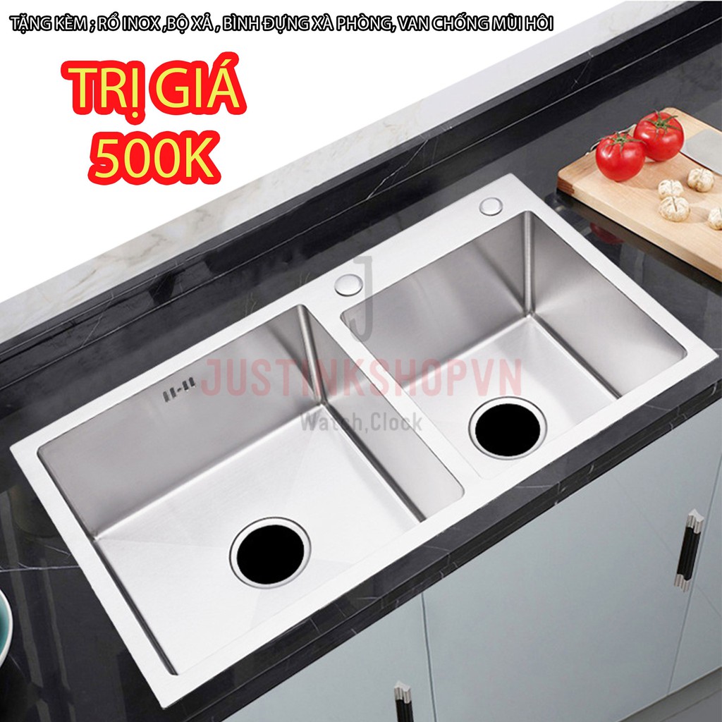 BỒN CHẬU RỬA CHÉN INOX 304 ĐÚC CAO CẤP TẶNG KÈM ; RỔ INOX ,BỘ XẢ , BÌNH ĐỰNG XÀ PHÒNG, VAN CHỐNG MÙI HÔI - NLVQ-2519-SUS