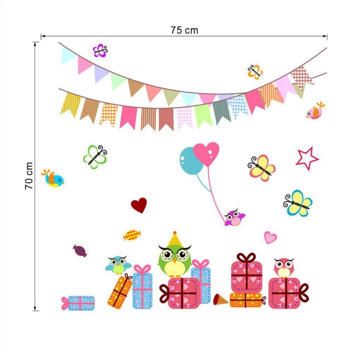 Decal trang trí tường - Chú cú cầm bóng bay và đứng trên hộp quà