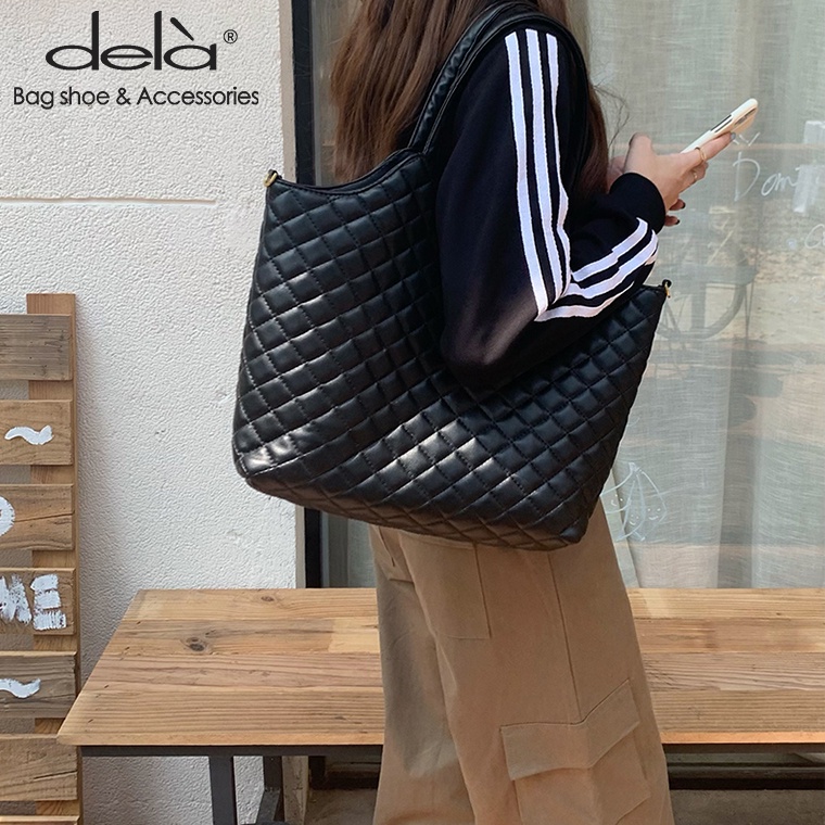 Dela Túi Xách Đeo Vai Hình Thoi Sức Chứa Lớn Màu Đen Thời Trang Hàn Quốc Mới Cho Nữ
