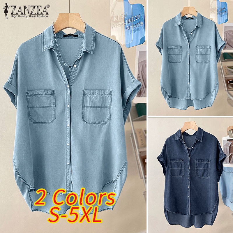Áo sơ mi ZANZEA vải denim ngắn tay dáng rộng phối túi thời trang dành cho nữ