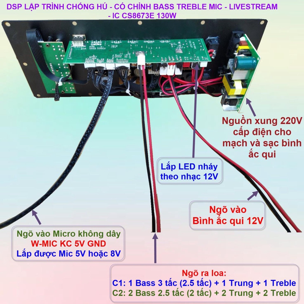 Mạch loa kéo CS8673E 130W LIVESTREAM - DSP lập trình chống hú, chỉnh Bass Treble Micro, nguồn xung 220V
