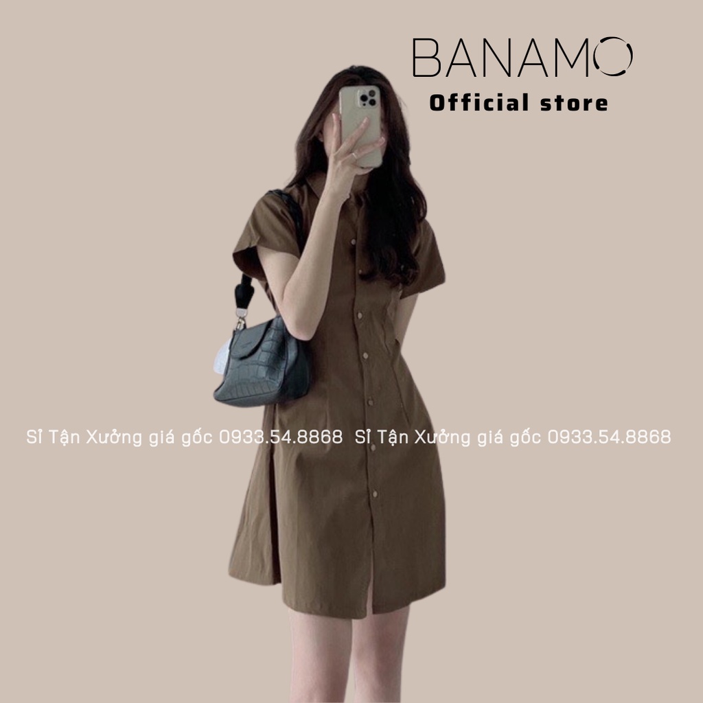 Đầm váy nữ basic Banamo fashion cổ sơ mi cài cúc chiết eo lưng chun cộc tay nhiều màu 5915