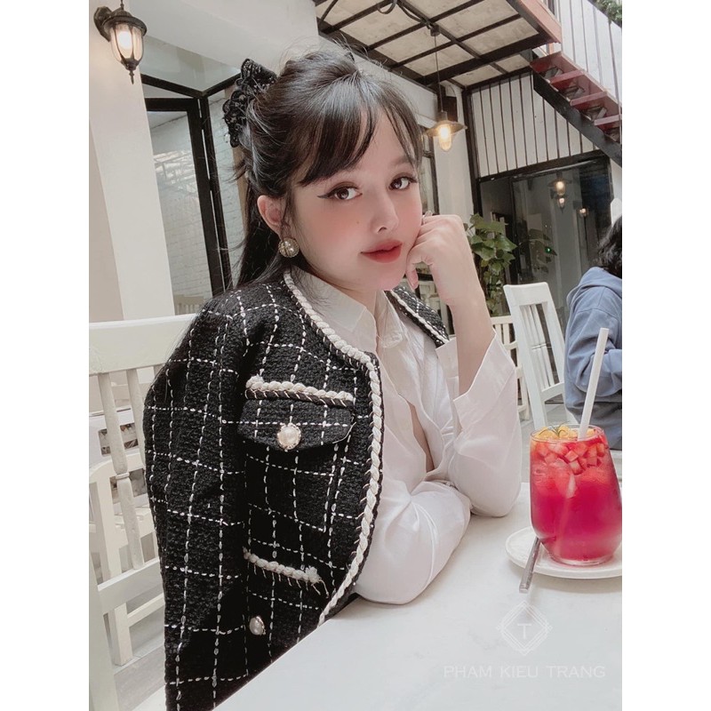 Áo khoác dạ tweed kẻ khuy ngọc dáng dài hàng chuẩn SDD | BigBuy360 - bigbuy360.vn