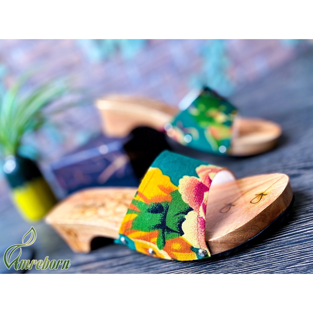 Guốc mộc 5cm, guốc mộc truyền thống, guốc mộc vintage, guốc mộc chăn con công màu xanh
