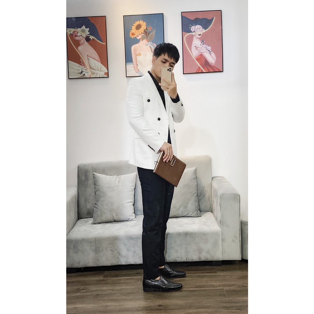 Vest Nam Hàn Quốc 6 Cúc Trắng, Áo Blazer Nam Trắng 2 lớp dày dặn